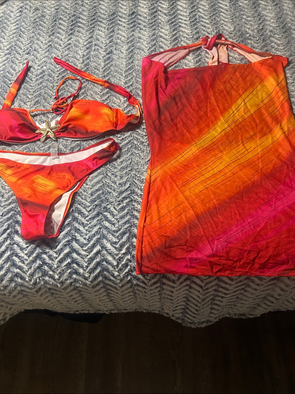 Vibrant Orange-Pink Ombre Bikini Set with Matching Cover-Up